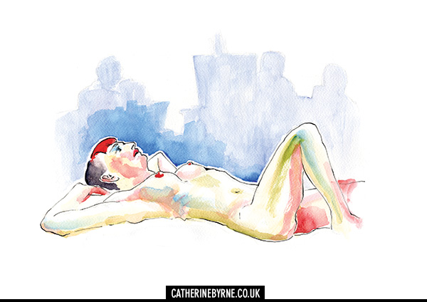 Anita 6 life drawing by Cat Byrne watercolour and ink female nude lying down